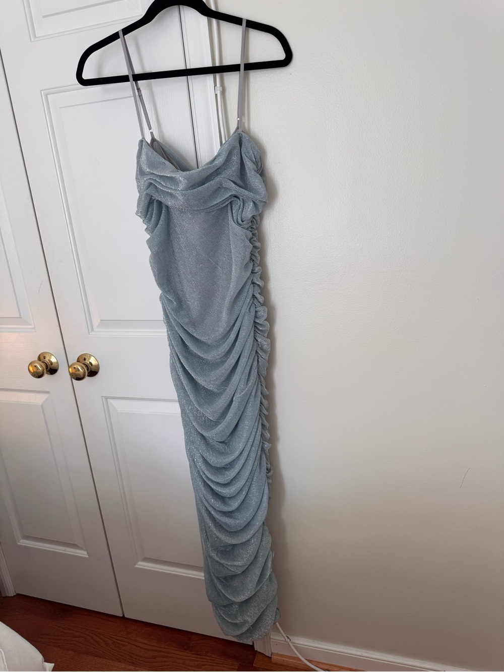 House of CB Fornarina Silver-Blue Draped Ruched Maxi Dress